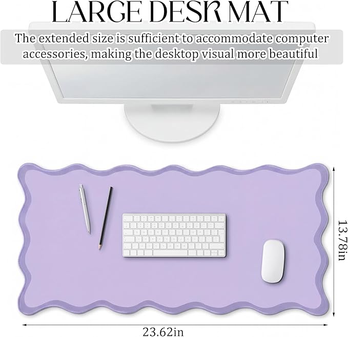 Hahafelt Scalloped Desk Mat Large Scalloped Piping Cute Desk Mat Aesthetic Preppy Table Pad Large Nonslip Pad with Edge Stitching Waterproof Gaming(Purple,23.6 x 13.8 Inches)