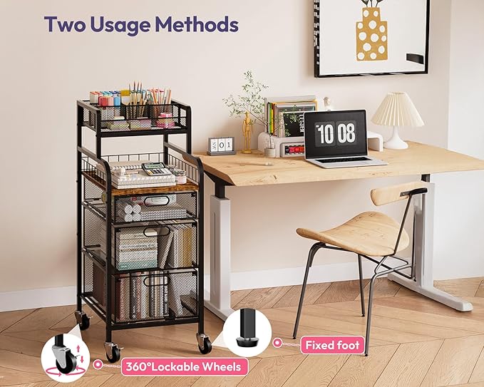 SWTYMIKI Office Rolling Cart with 3 Drawers - Metal Utility Cart with Wood Shelf, DIY Divider and Locking Wheels, Craft & Art Cart Organizer for Under Desk Storage for Home Office Studio, Espresso