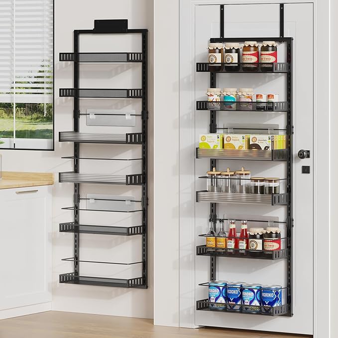 POKIPO 6-Tier Over the Door Pantry Organizer, 2 in 1 Large Door Spice Rack with Adjustable Metal Baskets, Heavy Duty Hanging or Wall Mounted Storage Organizer for Kitchen Pantry and Room Wall