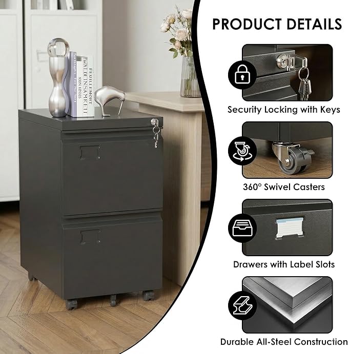 Aobabo Rolling File Cabinet with Lock,2 Drawer Metal Filing Cabinet for Home Office & Under Desk, Heavy-Duty Mobile Storage with 5 Wheels (Anti-Tilt), Fits Letter/Legal, Black,Required Assembly