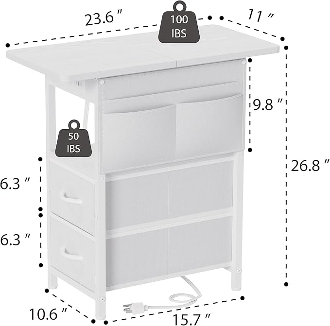 Yenlure Small Side Table with Charging Station, Narrow Nightstand Bedside Tables with Storage Pocket for Living Room Bedroom, Sofa End Table with USB Ports and Power Outlets for Small Spaces