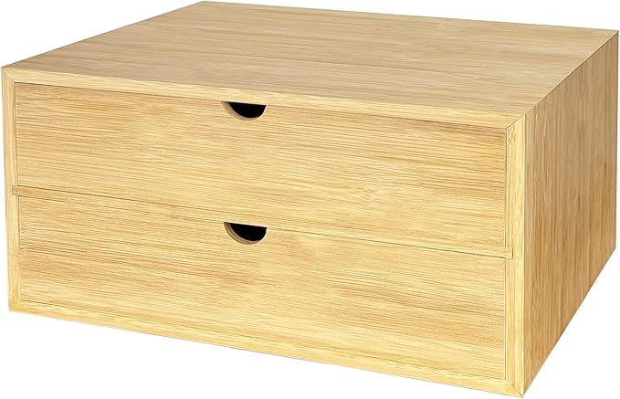 Bamboo Desk Organizer with 2 Drawers, Desktop Drawers 13.4 x 7.1 x 7.5 Inches Countertop Storage Box for Office Supplies Makeup Vanity Kitchen, Wooden Tabletop Drawer No Assembly Required (2 Drawers)