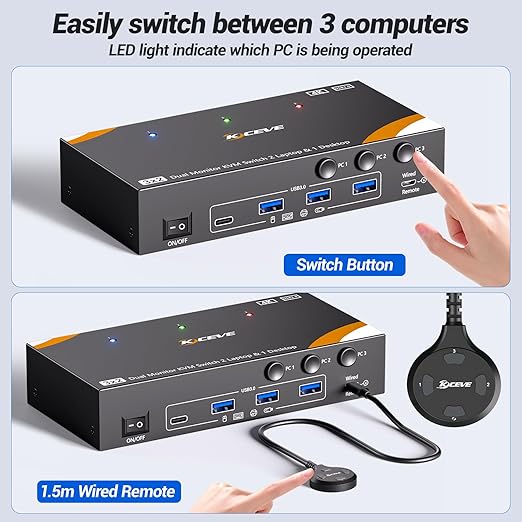 KCEVE KVM Switch 2 Monitors for 2 Laptops 1 Desktop, USB 3.0 KVM Switch 2 Monitors 3 Computers USB C HDMI Share 4 USB3.0 Device, 4K@60Hz, 100W PD, Wired Remote(4K USB C HDMI 3 in 2 Out KVM)