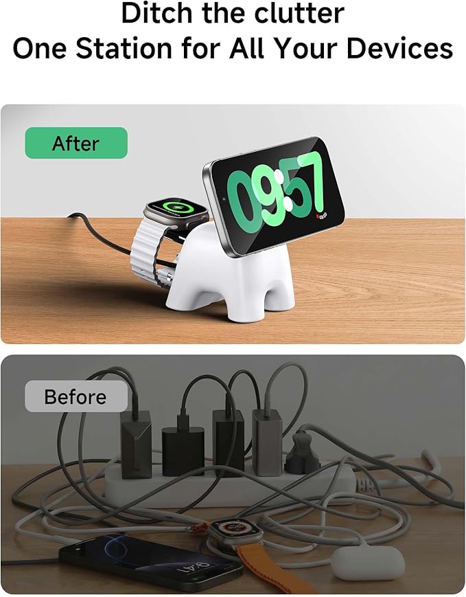 AOK-AOK Foldable Wireless Charging Station, 15W Magnetic Fast Charger Stand for iPhone 17 16 15 14 13 12 Pro Max&Apple Watch&Airpods, 2-in-1 Charger for Home/Office/Travel(30W Adapter Included)