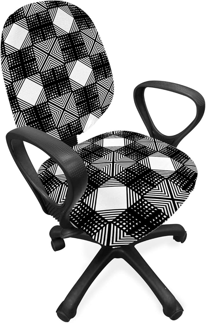 Ambesonne Geometric Office Chair Slipcover, Lattice Inspired Pattern with Symmetric Squares Modernistic Design, Protective Stretch Decorative Fabric Cover, Standard Size, Charcoal Black