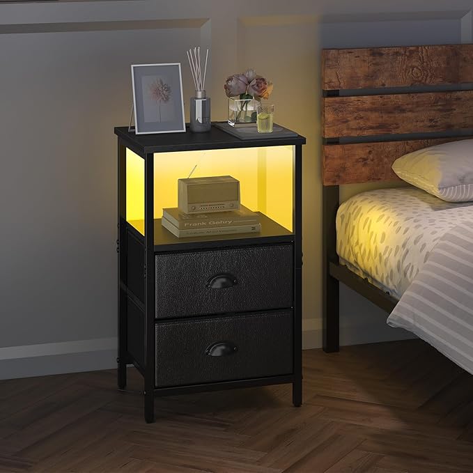 sthmec Nightstand with Charging Station, Night Stand with 2 Fabric Drawers PU Finish, Bedside Table End Table with LED Light, 3-Tier Storage Side Table Nightstand with Drawers for Bedroom,Black