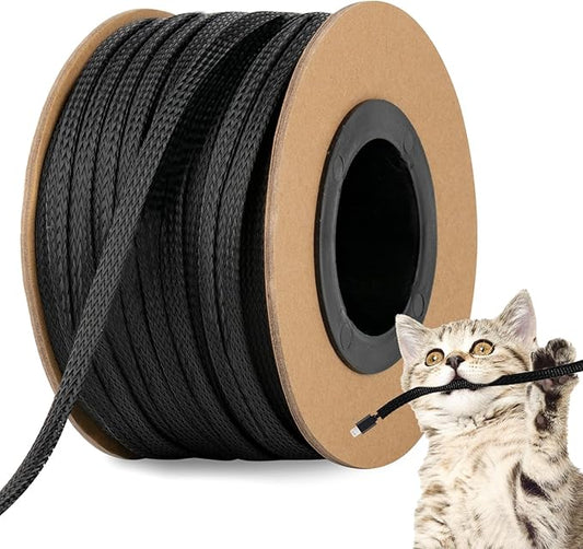 100ft 1/4 Inches Braided Wire Loom PET Cable Loom Expandable Braided Cable Sleeving Mesh Automotive Split Wire Loom for TV, Computer, Home Theater, Black