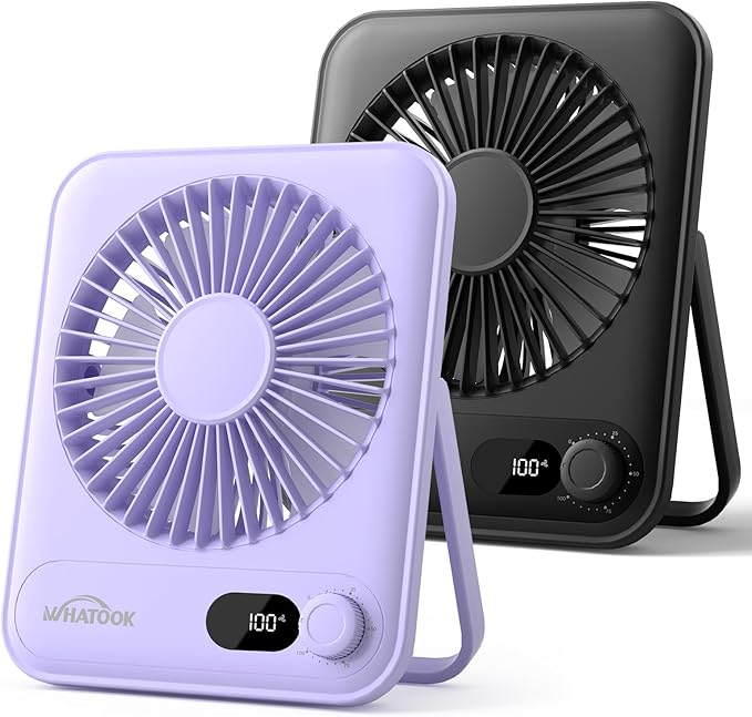 WHATOOK Desk Fan 2 Pack: 100 Speeds Stepless Control 2000mAh Battery Operated Portable Fan, Rechargeable Table Fan for Cruise Ship Essentials, Gift for Couples, Dorm, Office, Bedroom(Black and Purple)