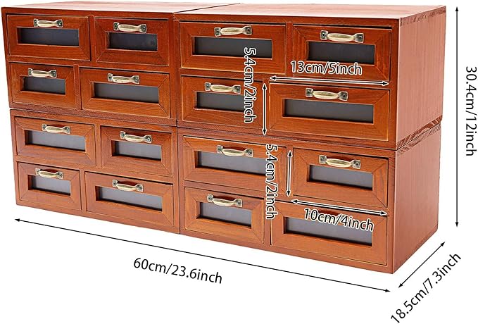 4 Pcs Vintage Wooden Storage Box, 16 Drawer Desktop Organizer for Home Office Organization, Brown Storage Cabinet for Storing Small Items like Cosmetics and Cards