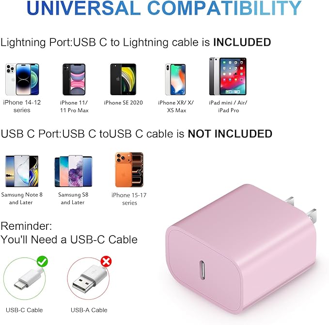 iPhone 14 13 12 11 Charger Fast Charging iPhone Fast Charger 3-Pack 20W iPad Chargers 6FT C Chargers Fast Charging Cord Whit iPhone 14/14 Max/13 Pro/13/12 Mini/12 Pro Max/11 Max/Xs and iPad (Pink)