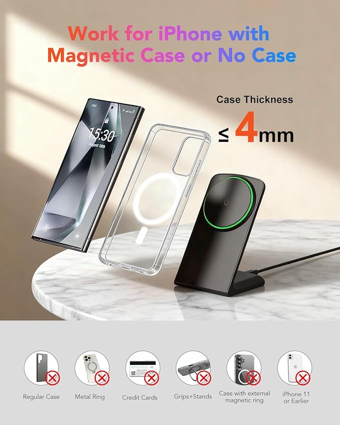 Magnetic Wireless Charger for iPhone, 15W Phone Charger Stand for iPhone/Samsung/Google(Matt Black)