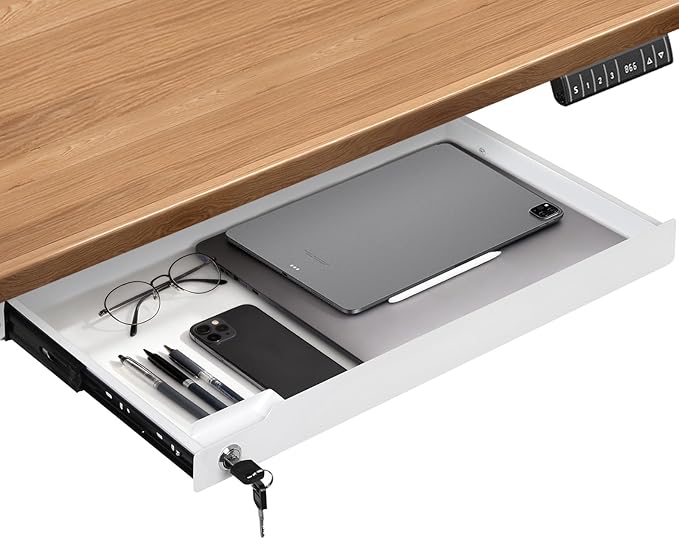 Under Desk Drawer Storage with Lock, Metal Undermount Table Drawer, Ball Bearing Slides Out Tray Organizer for Paper, Pencil, and Laptop 24"x10.3"x2.1", White with Divider