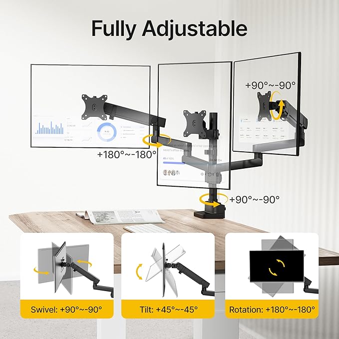 monTEK Triple Monitor Mount for Max 27 inch Computer Screens, Full Motion 3 Monitor Desk Mount Each Arms Holds up to 19.8lbs, Clamp & Grommet Mounting