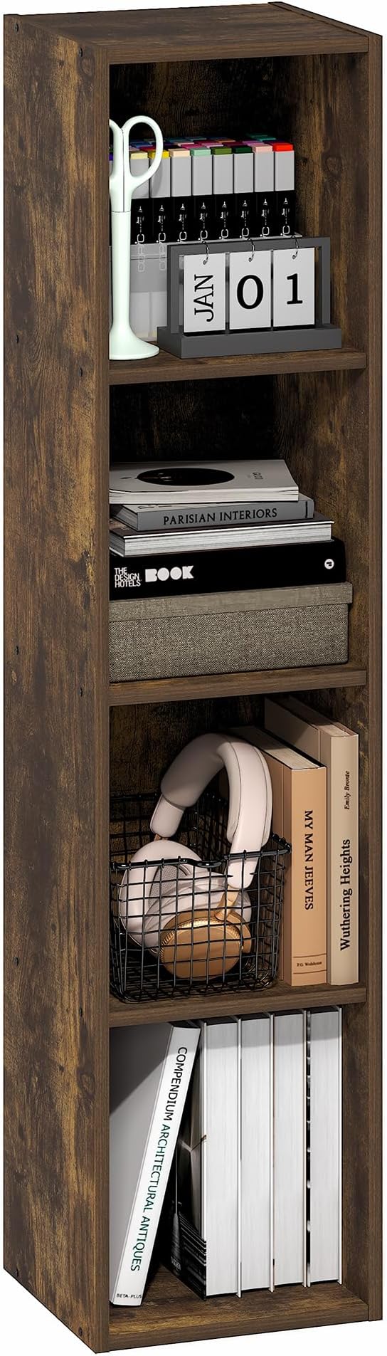 Furinno Fulda Book Shelf, 4-Tier Narrow Bookshelf, Standing Bookcase with 10-in Width Storage Shelf, 9.3 x 9.8 x 41.6, for Organization and Storage, for Living Room, Bedroom, Home Office, Amber Pine