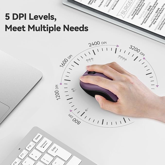 TECKNET Wireless Mouse for Laptop, 2.4G Silent Computer Mouse Quiet Click with 5 DPI Levels,Contoured Grip,Small Portable 30 Months Battery Cordless Mice for PC, Chromebook, Mac-Purple