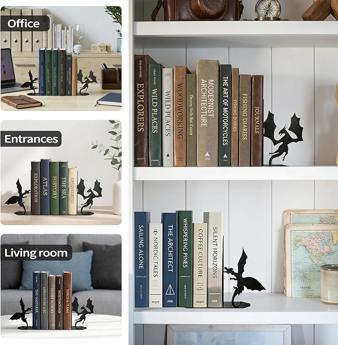 ENCIMART Dragon Metal Bookends Decorative, Unique Office Desk Book Ends for Shelves Bookshelf Home Office Desk Bookshelf Decor Gift for Dragon Lovers and Reading Enthusiasts
