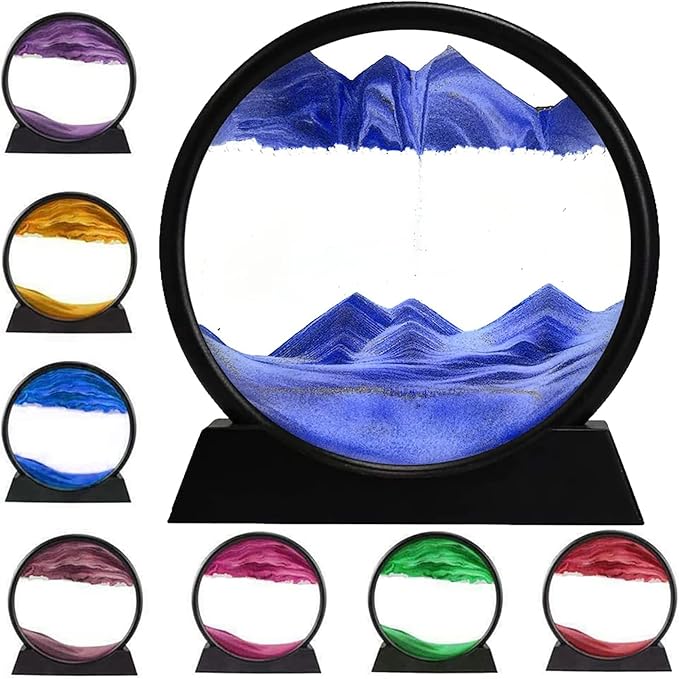 rysnwsu 3D Dynamic Sand Art Liquid Motion, Moving Sand Art Picture Round Glass 3D Deep Sea Sandscape in Motion Display Flowing Sand Painting Relaxing Desk Toys (Blue, 7'')