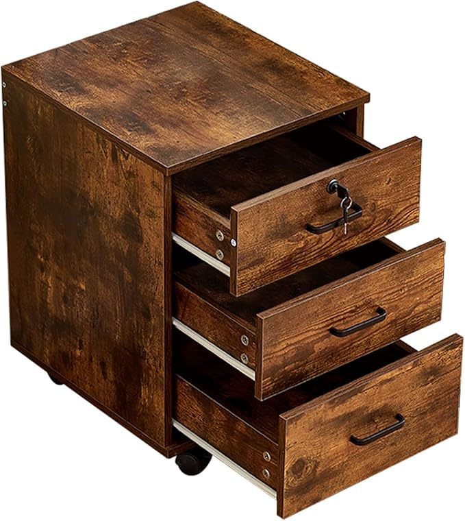 OFCASA 3 Drawer File Cabinet with Lock, Small Rolling Filing Cabinets for Home Office, Wood Under Desk File Cabinet with Wheels, Mobile Storage Organizer, Printer Stand for Letter/Legal, Rustic Brown