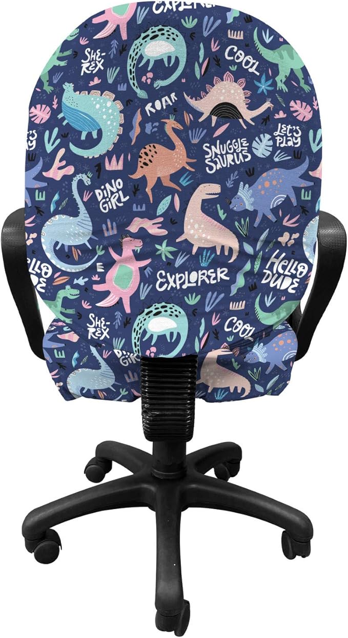 Ambesonne Dinosaur Office Chair Slipcover, Cartoonish Abstract Extinct Animals She-rex Dino Girl, Protective Stretch Decorative Fabric Cover, Standard Size, Dark Indigo Soft Blue Blush