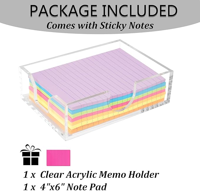 4x6 Acrylic Memo Holder with Sticky Notes for Desk , Clear Sticky Note Dispenser with Adhesive Notepad, 4x6 Acrylic Notepad Holder Desk Organizer for Office Home School (DP027)