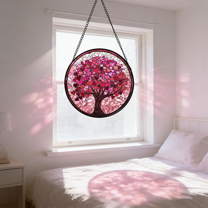 Stained Glass Window Hanging, Birthday Gifts for Women Mom Grandma Nana Wife Couple, Pink Love Tree Suncatcher for Doors Window Home Sun Catchers Gifts Decor 14.9 in