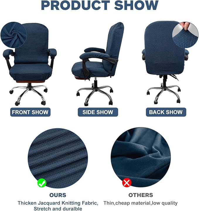 NeColorLife Stretchable Office Chair Cover with Armrest Covers - Thick Checked Jacquard High Back Desk Chair Slipcover for Rotating Chairs (Large Size,Navy Blue)