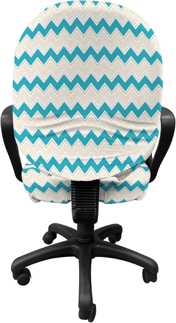 Ambesonne Teal Office Chair Slipcover, Horizontal Zigzag Lines Chevron Triangles Pattern Simple Classical Geometric Design, Protective Stretch Decorative Fabric Cover, Standard Size, Cream Teal
