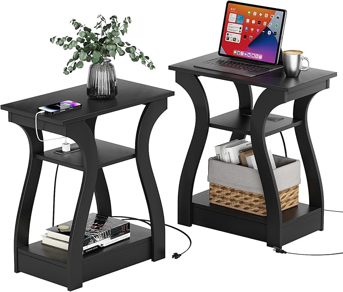 FROMJBEST Black End Table Set of 2 with Charging Station, Side Table with USB Ports and Outlets, Black Nightstand, 3 Tier End Table with Storage Shelf for Living Room, Bedroom