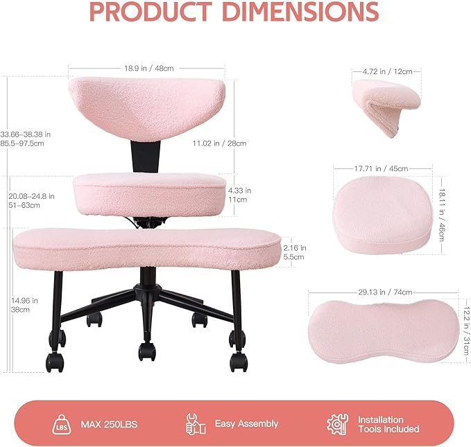 Garvee Ergonomic Cross Legged Office Chair with Lumbar Support, 360° Swivel Meditation Chair with Wheels - Adjustable Height for ADHD Desk & Yoga, Wide Criss Cross Chair, Kneeling Chair for Home, Pink