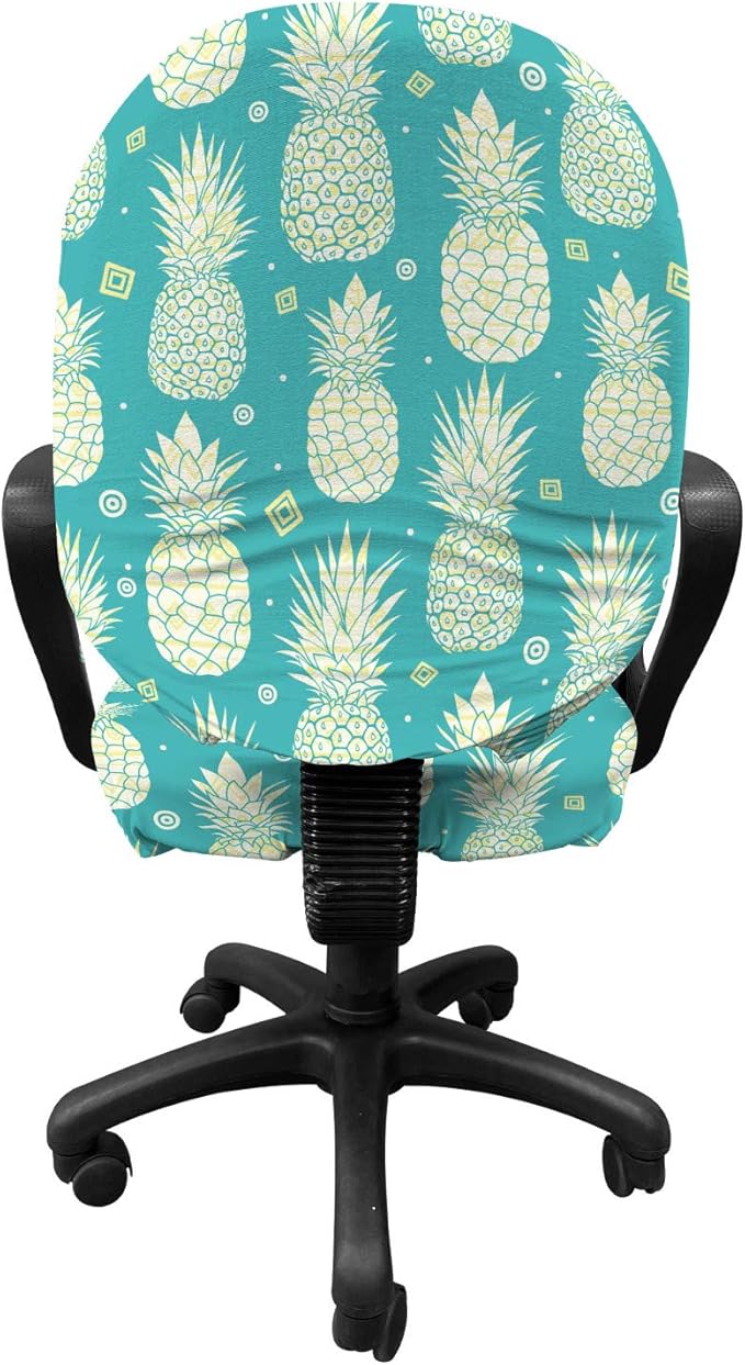 Ambesonne Pineapple Office Chair Slipcover, Abstract Summer Pattern with Exotic Fruit and Minimal Ornaments, Protective Stretch Decorative Fabric Cover, Standard Size, Yellow Turquoise