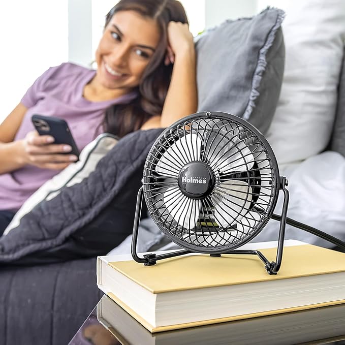 HOLMES 4" Mini High-Velocity Personal Desk Fan, 4 Blades, Adjustable 360° Head Tilt, Durable Metal Construction, Single Speed, Ideal for Home, Dorm Rooms, Bedrooms, or Offices, Black