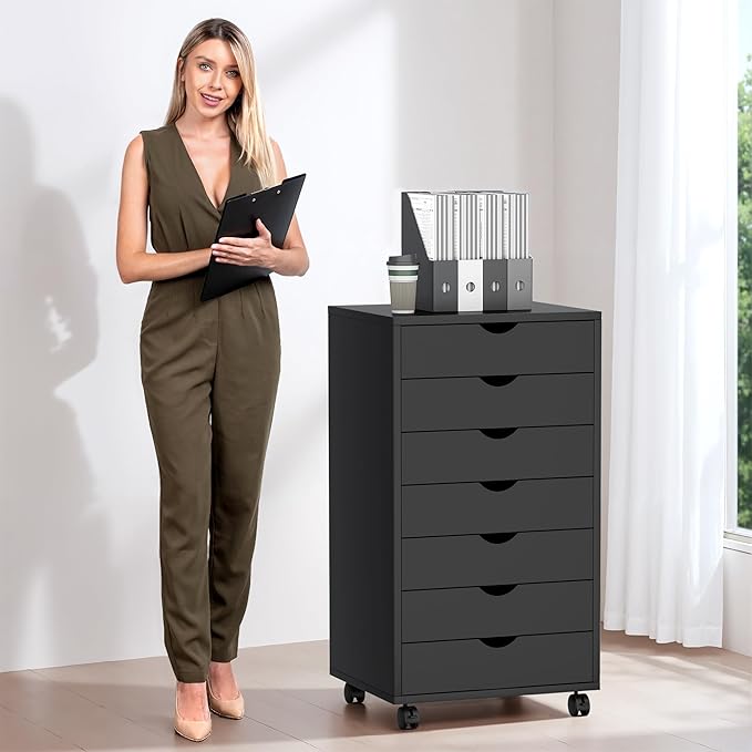 7 Drawer File Cabinet, Under Desk Storage Organization with Wheels, Mobile Filing Chest for Small Desk Printer Stand for Home Office, Black