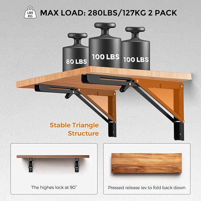 JOY DECOR 22 Inch Heavy Duty Folding Shelf Brackets, 2 Pack (1 Pair) Collapsible Wall Mounted Brackets for Fold Down Table, Stainless Steel Folding Table Hinge, Matte Black