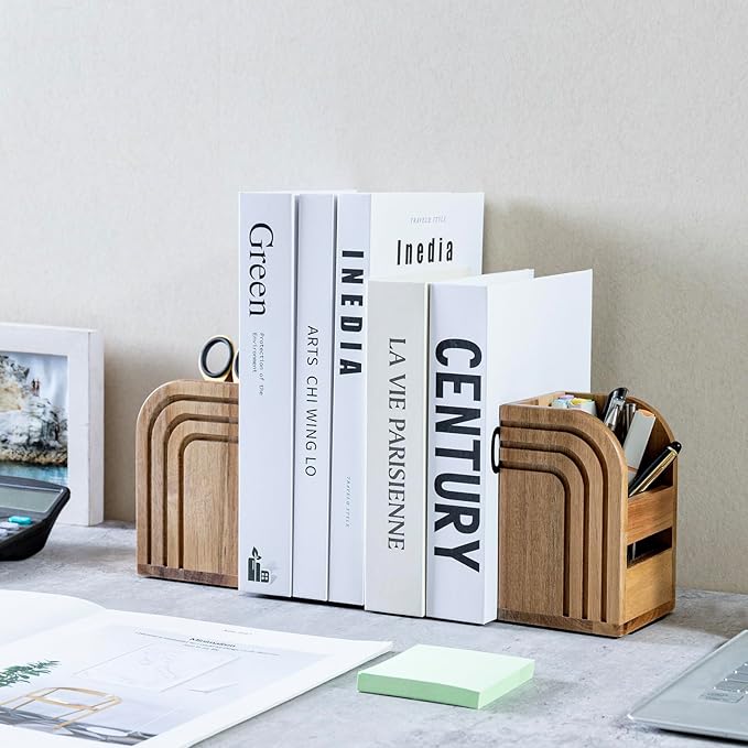 MyGift Premium Acacia Solid Wood Bookends and Pencil Holders with Modern Etched Arch Design, Office Desk Book Ends with Natural Wooden Art Deco Pen Cups, 1 Pair