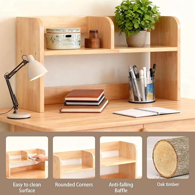 Wood Desk Hutch, Desktop Shelf Organizer with 2-Tier Multipurpose Desk Organizer for Top of Writing Desk, Wooden Book Shelf for Dorm & Office, Natural