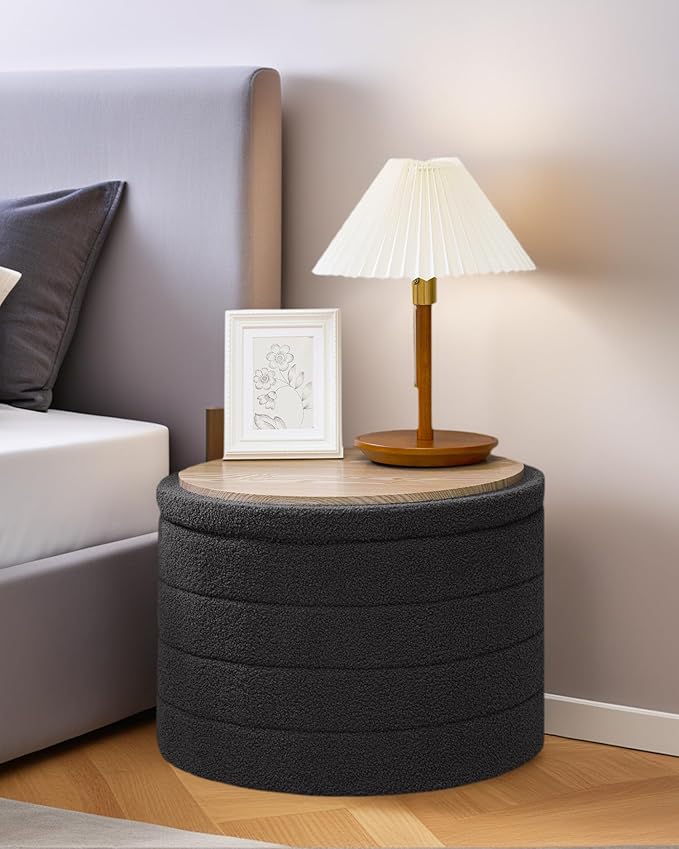 22 Inch Round Boucle Ottoman with Storage, Sherpa Teddy Fabric Ottoman Footstool, Folding Storage Foot Rest for Bedroom, Living Room Dorm, Darkgrey