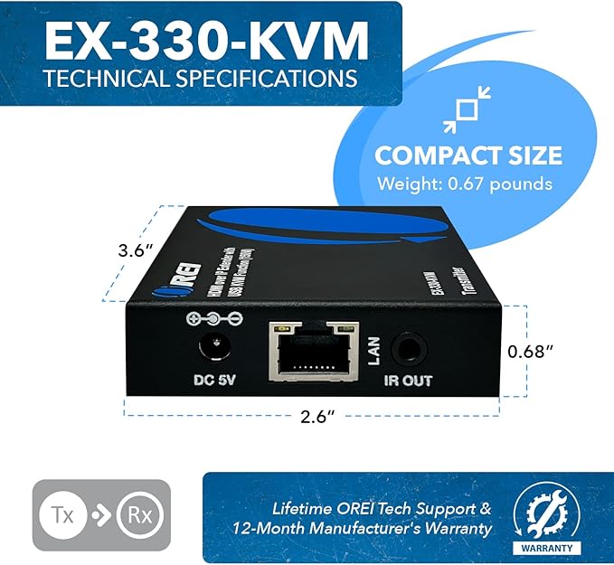OREI KVM Over IP HDMI Extender Over LAN, Single CAT5e/CAT6A/CAT7 Cable Output1080p PC Control - Up to 492 Ft - Remote Keyboard Mouse USB Control - Over Home Network