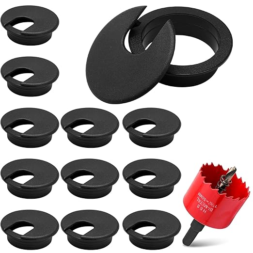 12 Pack 2 Inch Black Desk Grommet, Plastic Cable Hole Cover Computer Table Cord Wire Organizer, Desktop Cord Management for Home Office/TV Stands Tabletops (with Hole Saw)