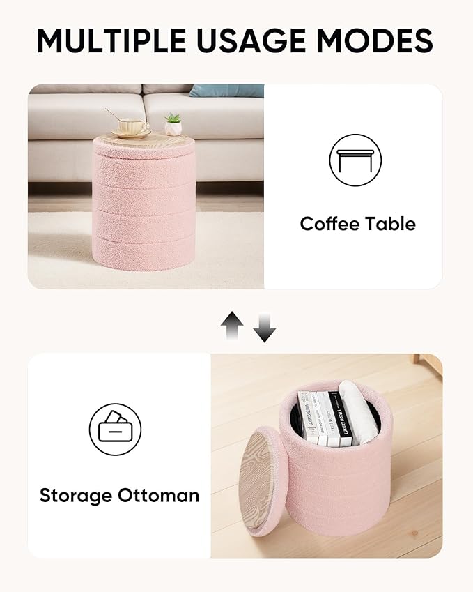 Round Boucle Storage Ottoman, Sherpa Teddy Fabric Ottoman Footstool with Reversible Tray Lid, Folding Footrest with Storage for Living Room, Bedroom, Dorm, Pink, 14.6" x 14.6" x 17.7"