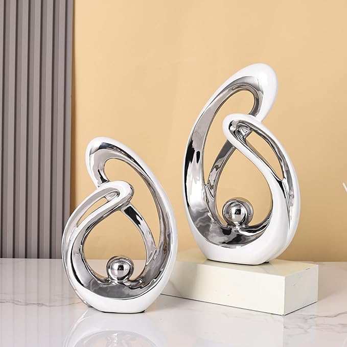 Silver Ceramic Home Decor, Ceramic Abstract 2 Piece Set, Mid-Century Modern Art Decor and Accessories, Living Room Coffee Table Dining Table Center Foyer Entry Table Decoration