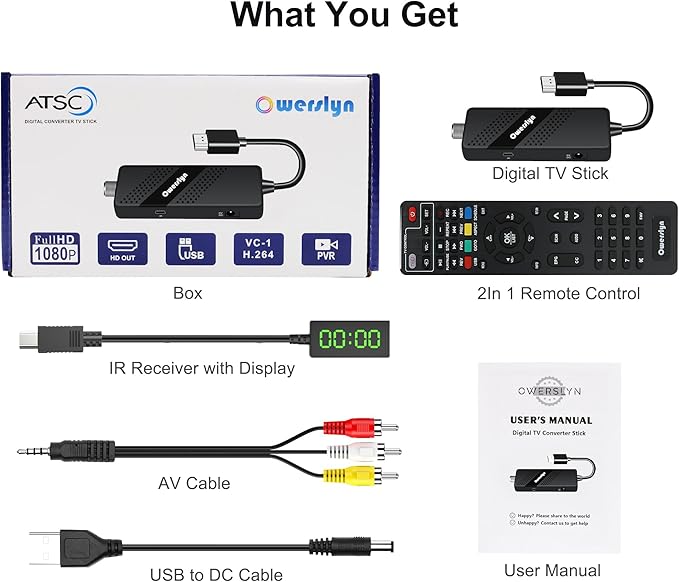 Digital Converter Box for TV, OWERSLYN 1080P Mini ATSC Tuner Box with TV Tuner, Programs Recording & Playback, USB Media Player, HDMI/AV Output, 3RCA Cables, Set Top Box, 2-in-1 Remote (Television)