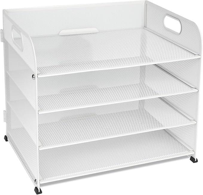 4-Tier Paper Letter Tray Organizer, Mesh Desk Accessories & Workspace Organizers with Handle, File Sorter Office Supplies for Desk,White