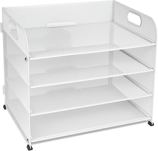 4-Tier Paper Letter Tray Organizer, Mesh Desk Accessories & Workspace Organizers with Handle, File Sorter Office Supplies for Desk,White