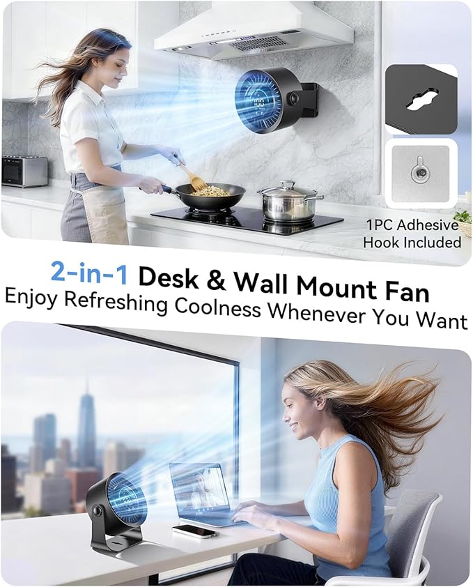 DIGIX Rechargeable USB Desk Fan for Bedroom, 100 Speeds, 360° Rotation, Wall Mounted Design Small Portable Table Fan with LED Display, Quiet Personal Desktop Cooling Fans for Home Office (Black)