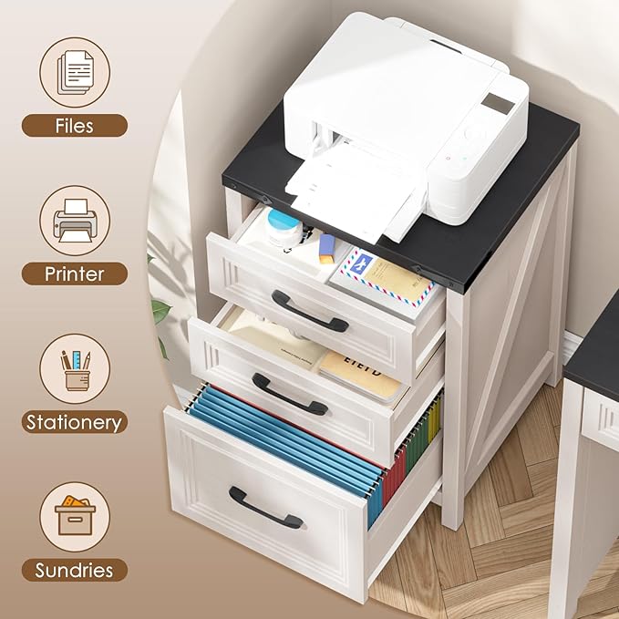 Vabches 3 Drawer Vertical File Cabinet, Wood Farmhouse Filing Cabinet Fits A4/Letter Size, Under Desk Small File Cabinets Printer Stand with Storage for Home Office, White and Black