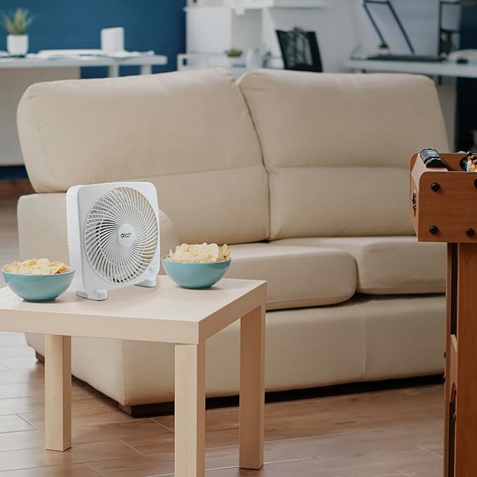 Comfort Zone Box Fan, 9 inch Portable Desk fan, Quiet 3 Speed Mini Fan for Bedroom, Electric Bedside Table Fan, White