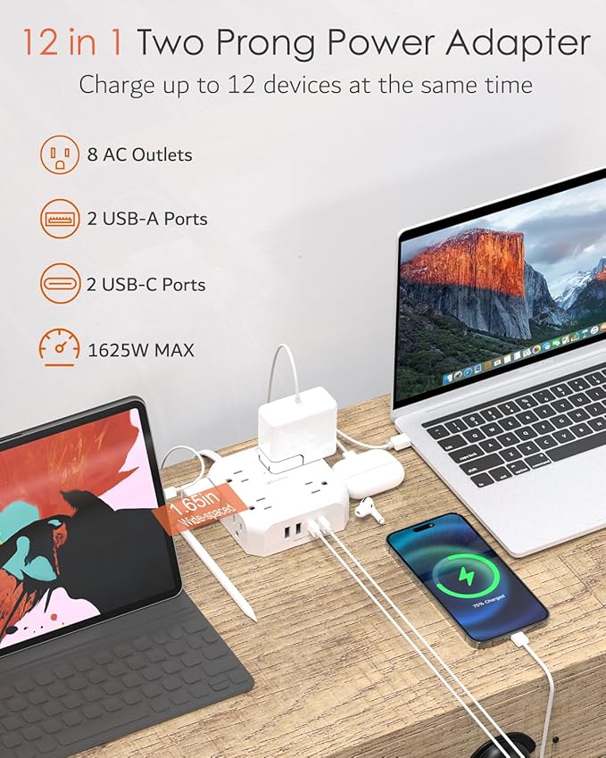 2 Prong Power Strip, WRXDMC 2 Prong to 3 Prong Outlet Adapter, 1400J Two Prong Surge Protector, 5ft Extension Cord, 8 AC Outlets with 2 USB C Port and 2 USB A Port, Wall Mountable, Ideal for Old House