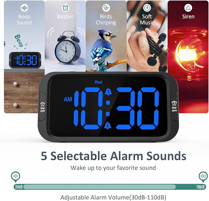 Odokee Digital Dual Alarm Clock for Bedroom, Easy to Set, 0-100% Dimmer, USB Charger, 5 Sounds Adjustable Volume, Weekday/Weekend Mode, Snooze, 12/24Hr, Battery Backup, Compact for Bedside(Blue)