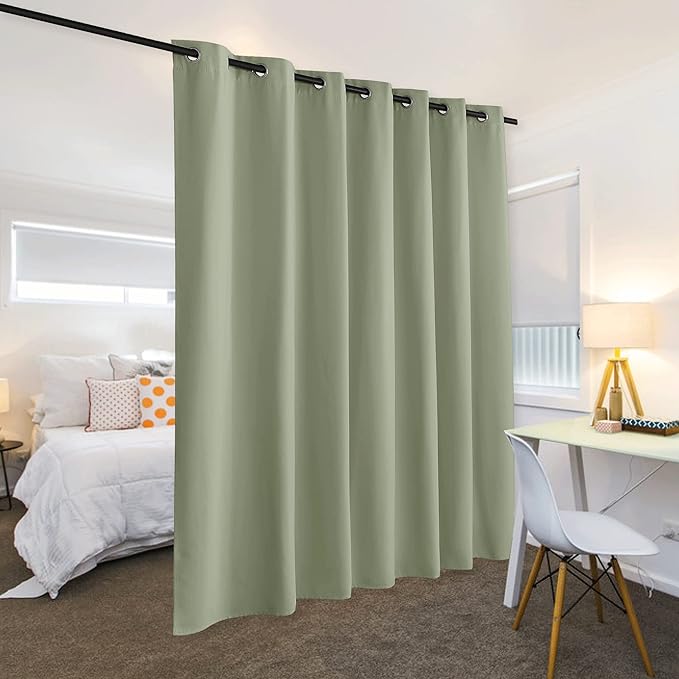 RYB HOME Privacy Curtain for Sliding Glass Door, Light Block Noise Reduce Insulated Curtain Screen Ceiling to Floor for Locker Room Basement Bedroom Closet, 100 inch Wide x 84 inch Long, Sage Green
