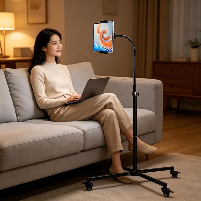 wishacc Rolling Tablet Floor Stand with Industrial Wheels & Storage Basket, Adjustable Height Gooseneck Tablet Stand Floor Holder for iPad Pro 12.9, Air, Mini, Cell Phones (Medium)